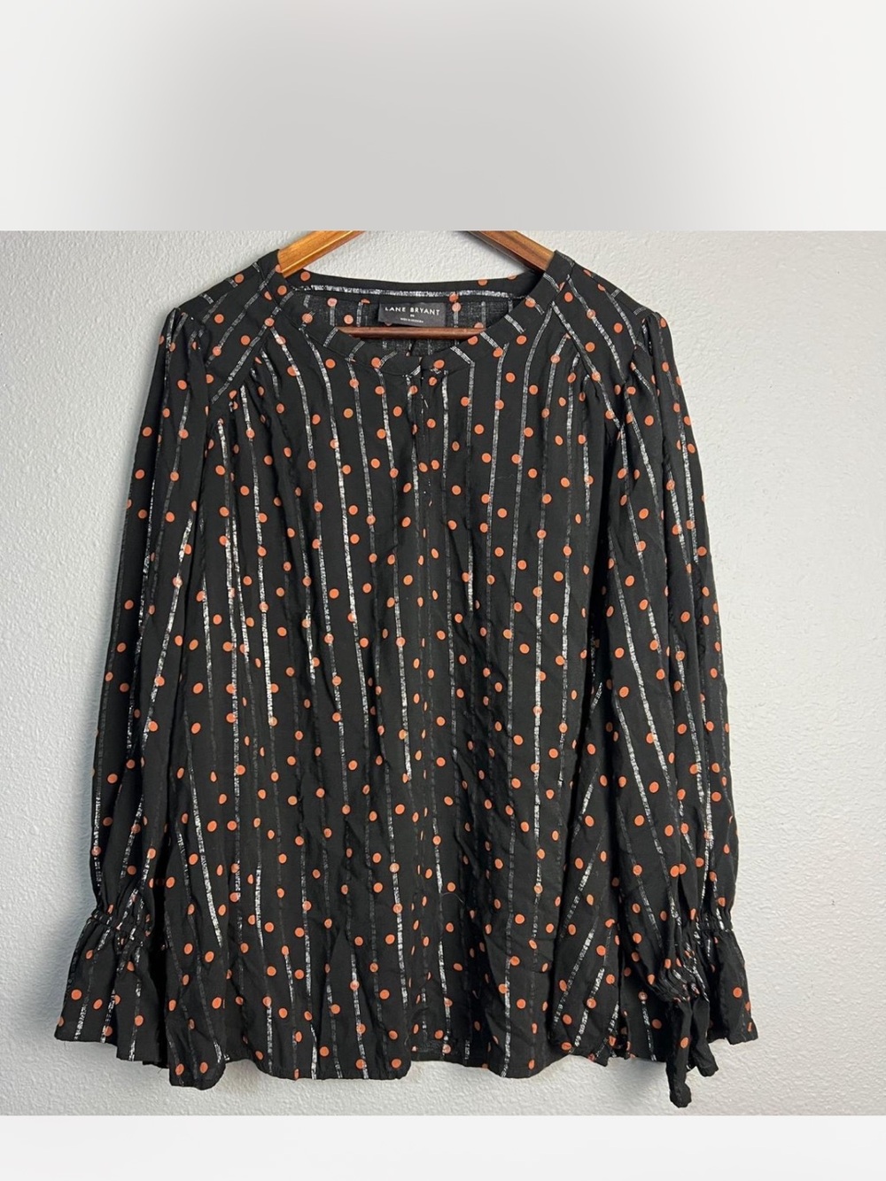 Lane Bryant Black Long-Sleeve with orange Polka Dot Blouse